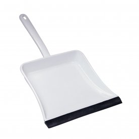 WHITE ENAMEL DUST PANS WITH BLACK RUBBER NOSE